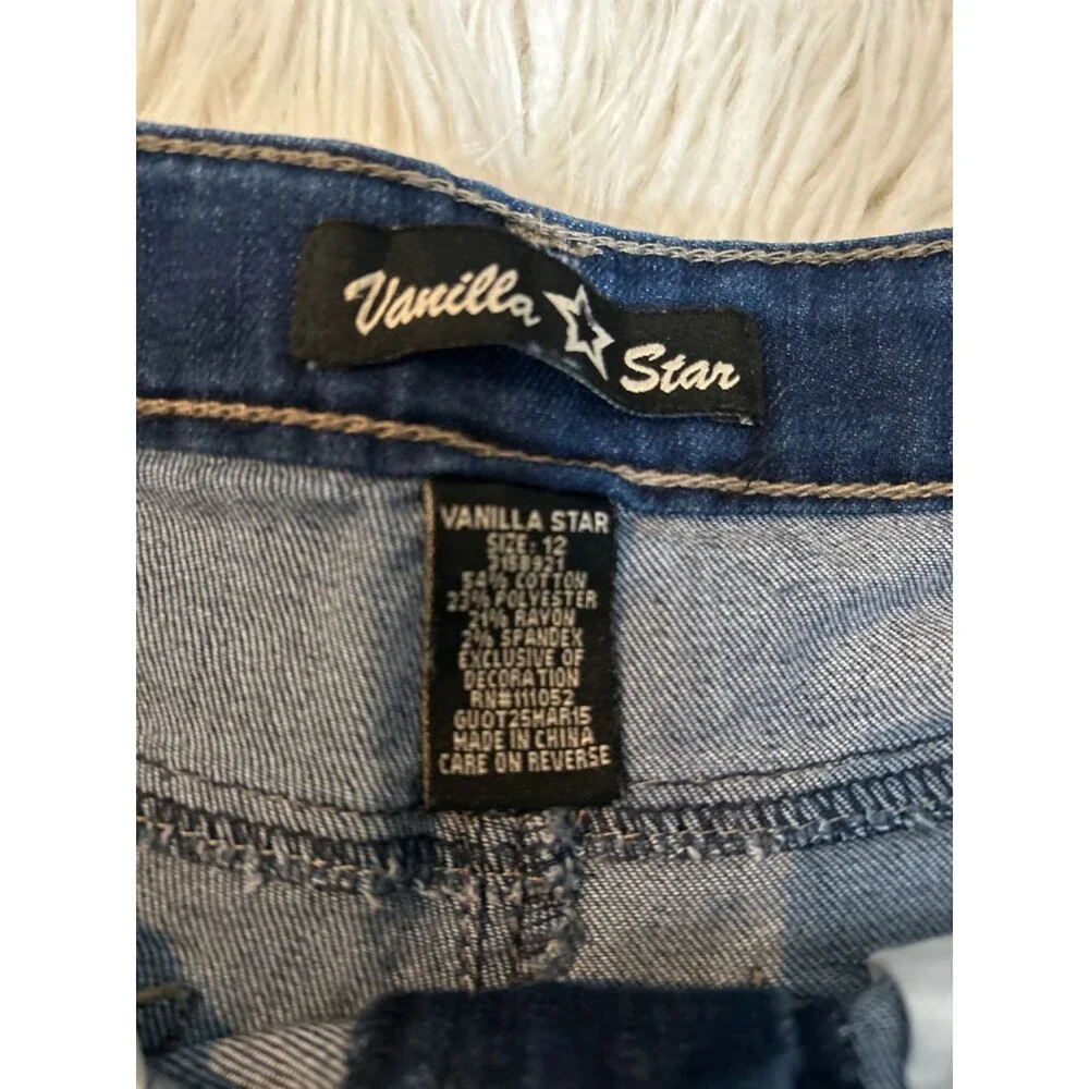 Sz 12 VanillaStar Girls Patchwork Dark Wash Stretch Jeans Boho Vintage Look